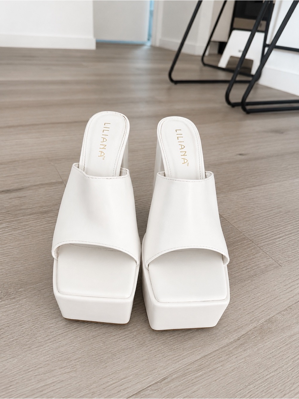 Liliana White Square-Toe Platform Slide Heels